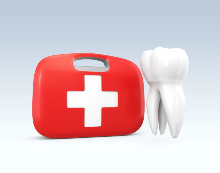 Illustration of a red first aid kit with a white tooth next to it