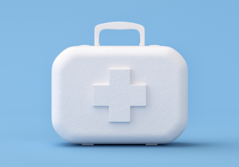 illustration of a first aid kit on a blue background