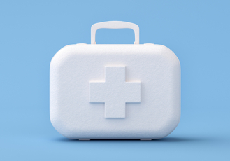 White first aid kit with an embossed medical cross on the front, featuring a rounded rectangular shape and top handle. Set against a light blue background, the design emphasizes portability and emergency preparedness.